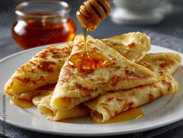 Obraz Golden crepes on white plate drizzling with honey