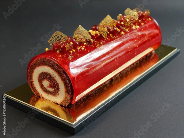 Obraz Gourmet yule log christmas dessert with red glaze