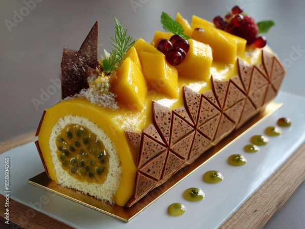 Obraz Tropical mango passion fruit log cake dessert