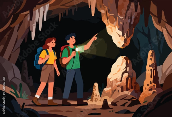 Obraz Two explorers with backpacks and flashlight discover cave formations