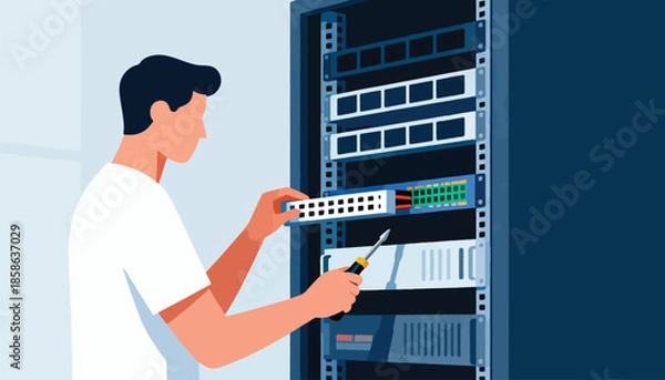 Obraz Person installing network hardware in a server rack with a screwdriver