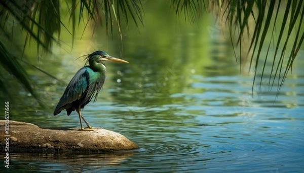 Obraz Green Heron perched over water, highlighting wildlife feeding activity