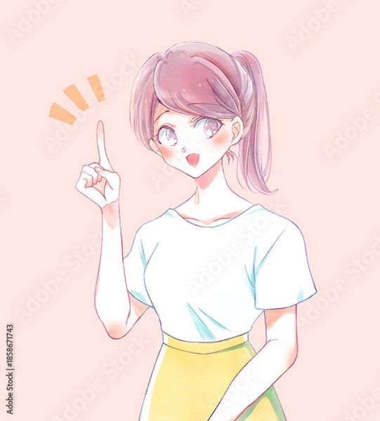 Fototapeta 人差し指をさすポニーテールの女性　笑顔