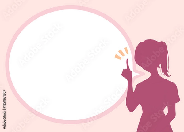 Fototapeta 人差し指をさすポニーテールの女性　吹き出し　シルエット