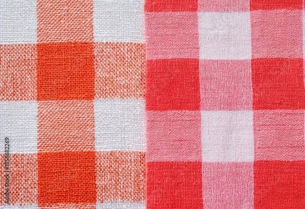 Obraz Checked fabric orange/red and white pattern, close-up texture, table cloth