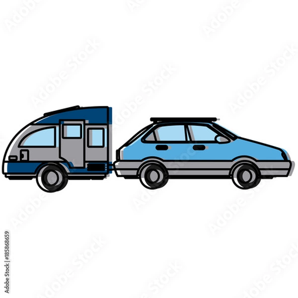 Fototapeta Car sideview vehicle with caravan trailer icon vector illustration