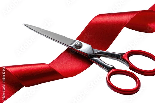 Obraz Sharp scissors cutting a red ribbon