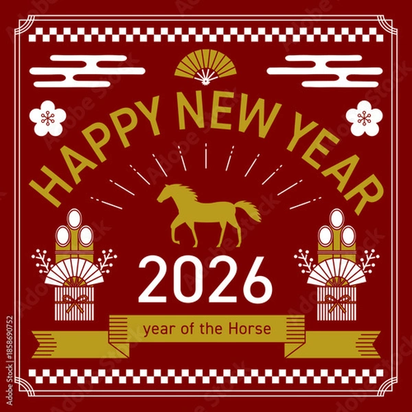 Fototapeta 2026年の午年をイメージした正方形の線画の年賀状_赤
