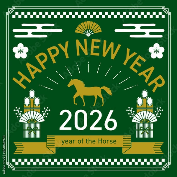 Fototapeta 2026年の午年をイメージした正方形の線画の年賀状_緑
