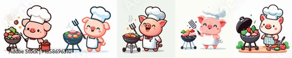 Obraz cute pig vector is grilling meat
