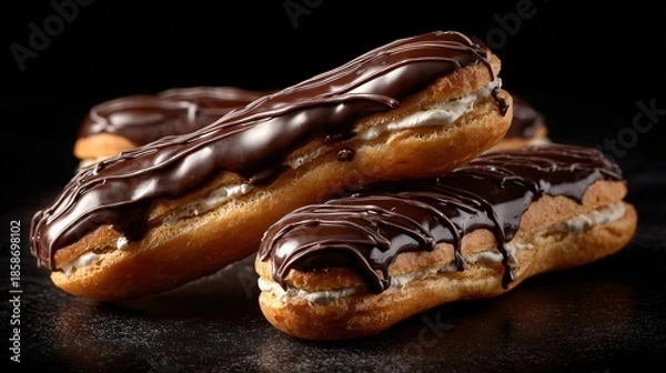 Fototapeta Chocolate eclairs placed asymmetrically, black background