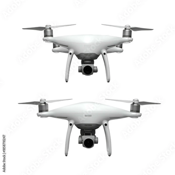 Obraz Two aerial camera devices, white, on black background, front view