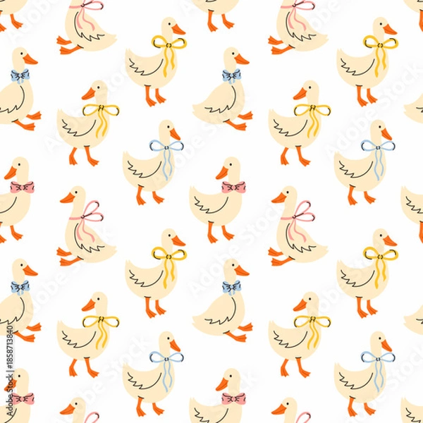 Obraz Seamless pattern with geese and ribbons. Flat vector illustration.