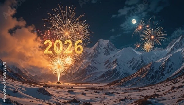 Obraz Spectacular 2026 New Year's Eve fireworks illuminate a snow-covered mountain landscape under a full moon. Golden explosions create a festive, celebratory atmosphere in the winter night.