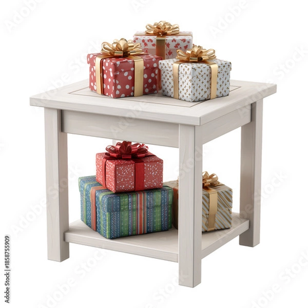 Obraz Wooden table with stacked gift boxes
