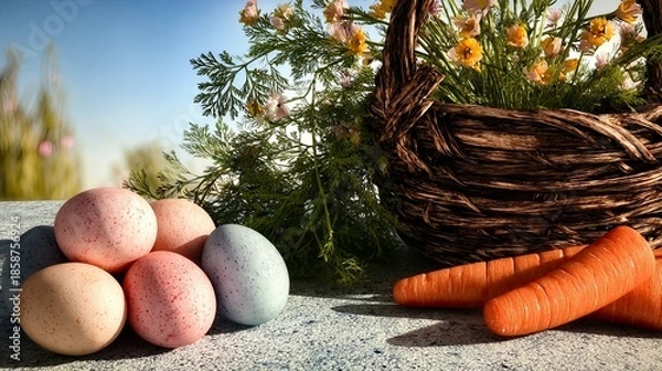 Obraz Pastel Easter eggs and carrots