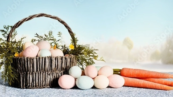 Obraz Easter basket with pastel eggs Easter basket with pastel eggs