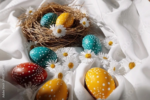 Obraz Easter nest and painted eggs