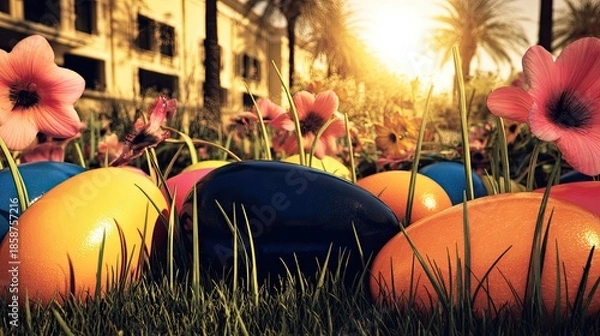 Obraz Colorful Easter eggs with flowers