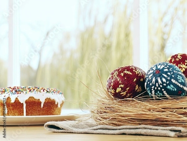Obraz Easter table with cake and eggs