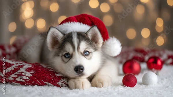 Obraz A heart-melting winter holiday scene featuring a young husky puppy lying calmly on a soft bed of fresh white snow, wearing a classic red Santa hat with fluffy white trim and pom-po