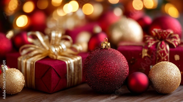 Obraz A luxurious festive still-life composition showcasing an elegant collection of Christmas decorations arranged closely together. Sparkling red and gold Christmas baubles with fine g