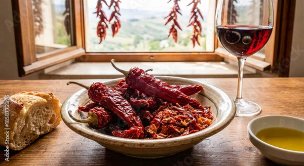 Obraz Rustic Table with Dried Peppers and Wine
