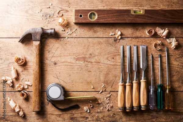 Obraz Woodworking Tools on Rustic Wooden Table