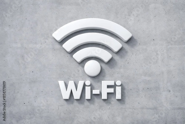 Obraz Wi-Fiアイコンが表示された壁面で無線通信やインターネット接続環境を示すシンプルなイメージ