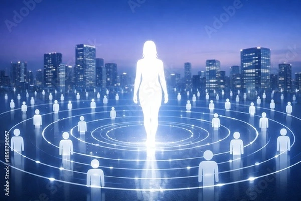 Obraz 都市の夜景を背景に中心人物を起点として人々がつながる影響力とネットワークを象徴