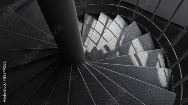 Fototapeta Spiral staircase with dramatic lighting and metal steps