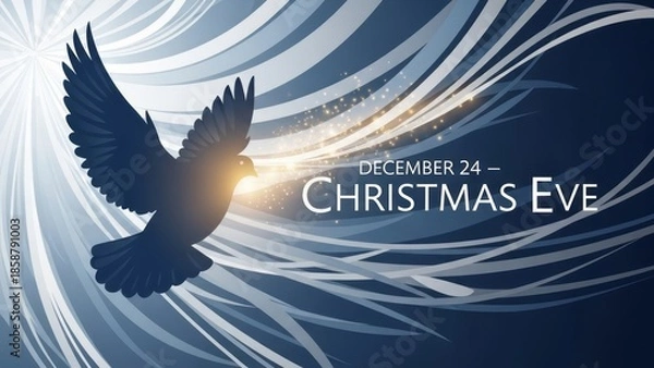 Fototapeta Christmas Eve celebration with dove silhouette and shining light