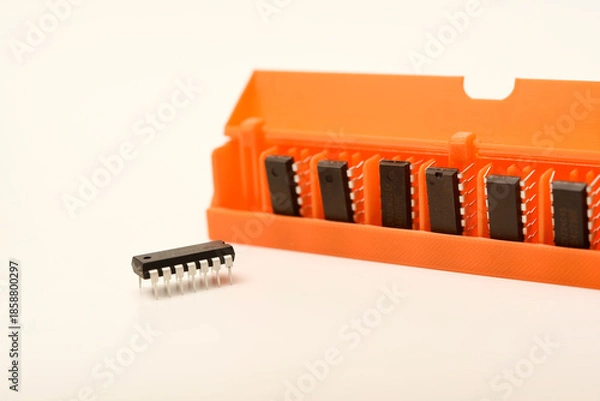 Fototapeta Microchips in a plastic case. Integrated circuits in a plastic storage case. Electronic chips.