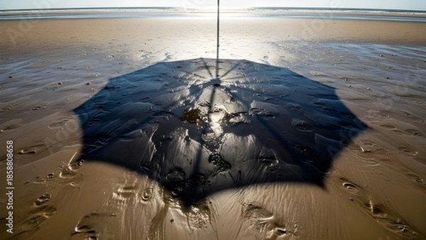 Obraz Open umbrella casting dramatic long shadow on wet sandy beach with backlighting