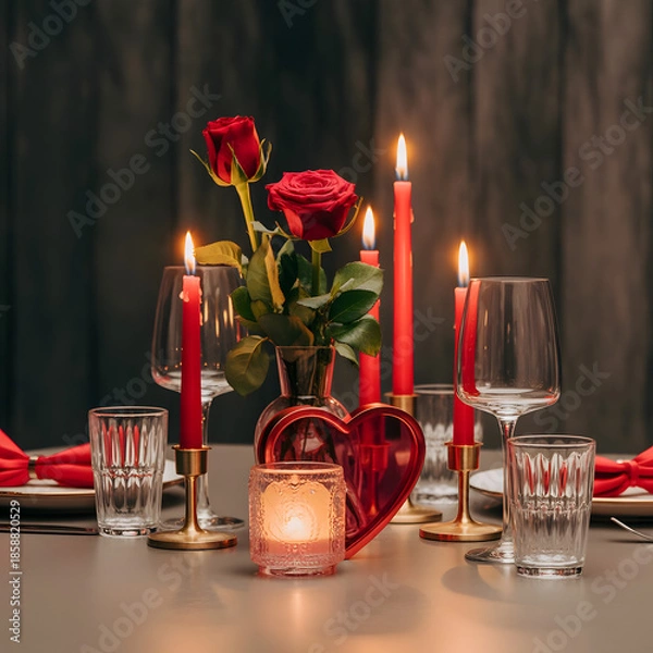Obraz Romantic dinner table setting with roses and candles