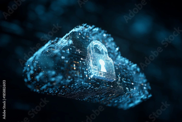 Fototapeta Cybersecurity concept, digital lock protecting data cloud, information protection