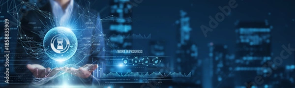 Obraz Businessman hands holding work in progress indicators and development data, ongoing project status, business process evolution concept