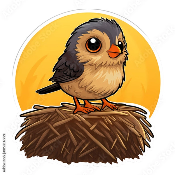 Obraz Tiny bird on haystack sticker illustration