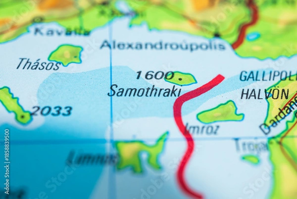 Obraz Illustrated map detail showing Samothraki island and nearby northern Aegean waters.