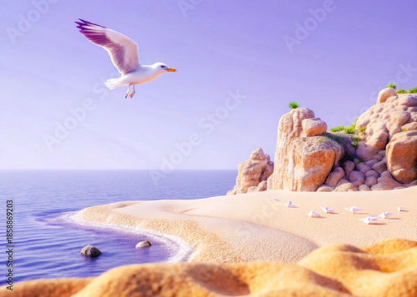 Obraz Seagull Soaring Over a Tropical Beach