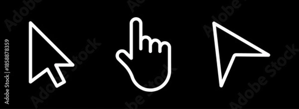 Obraz White outline mouse cursor and hand pointer icons on black background, Computer Arrow Click Symbol Set, Web Navigation UI Element, Digital Interface Interaction Vector, Vector illustration.