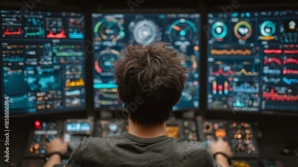 Obraz Focused Operator Analyzing Data on Multiple Monitors in Control Room