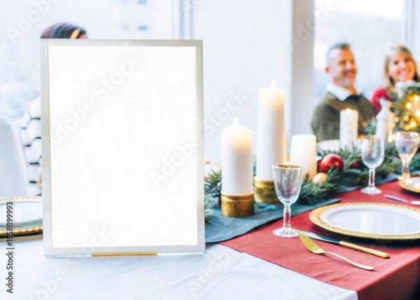 Obraz a table with a white sign on it