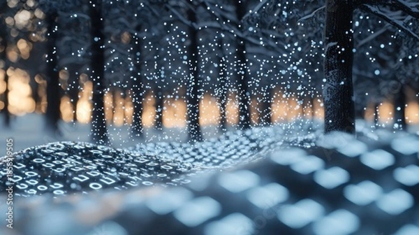 Obraz A magical winter forest scene with glowing binary code forming a path through snow-covered trees at sunset.