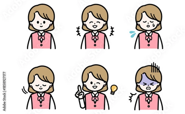 Fototapeta ビジネス女性の表情セットイラスト 接客や説明や資料の挿絵に使える感情バリエーション フラットデザインのベクター素材