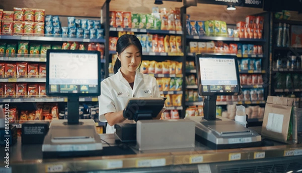 Obraz store clerk operating POS system in convenience store