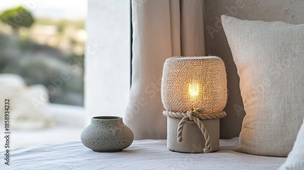 Obraz Soft glowing rope lamp styled in coastal-inspired interior corner  
