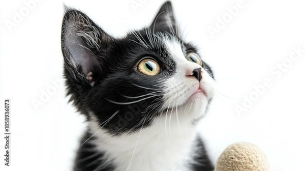 Obraz A black and white cat gazing intently at a ball of string in a playful scene