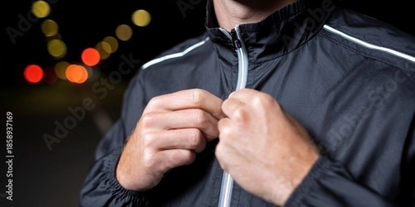 Obraz Man pulling jacket zipper with hidden reflective trim before stepping into street at night  