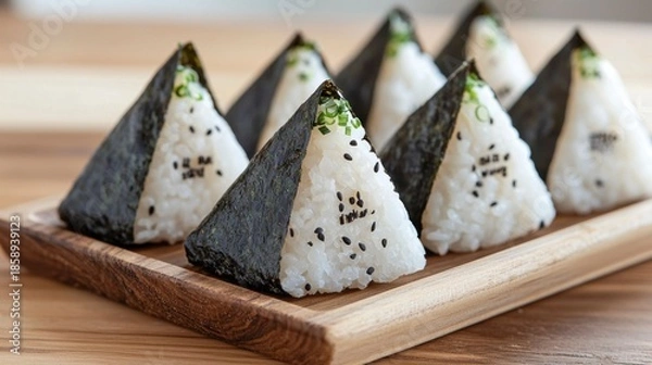 Obraz Neat rows of triangular onigiri arranged on wooden surface  